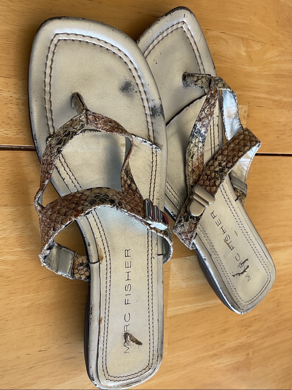 Marc Fisher Brown/Silver Snake-Print Strap heeled Sandals